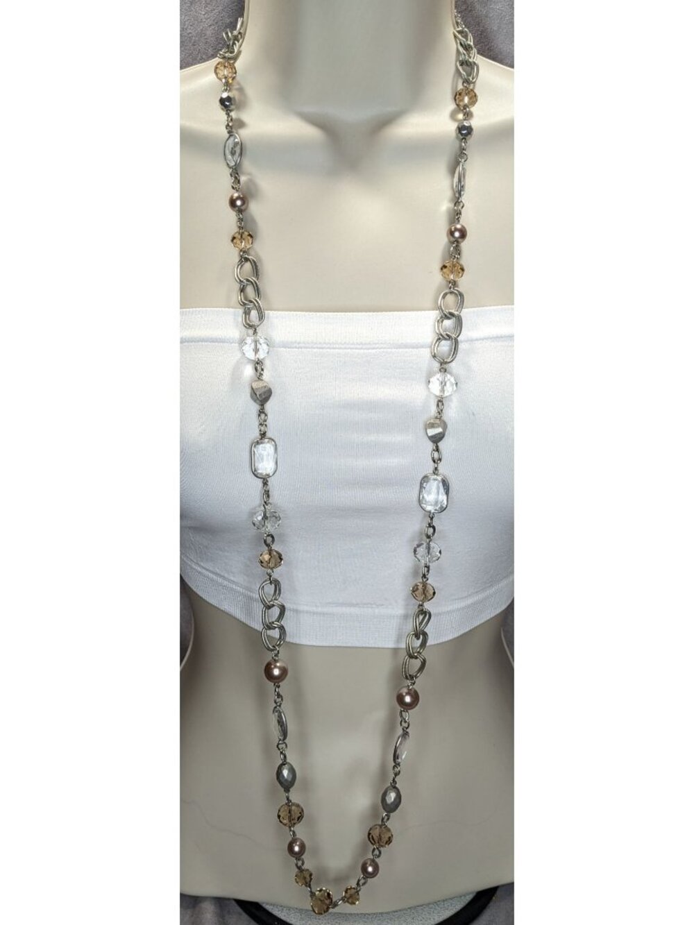 Boho Modern Glam Loft Long Layering Glass Crystal Beaded Necklace Silver Neutral